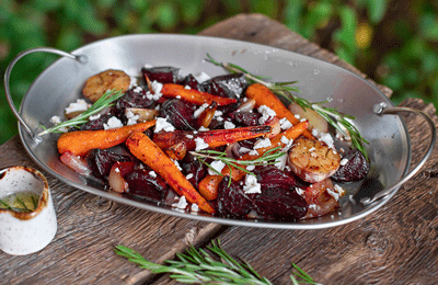 Salt baked beetroot with feta and pickled onions